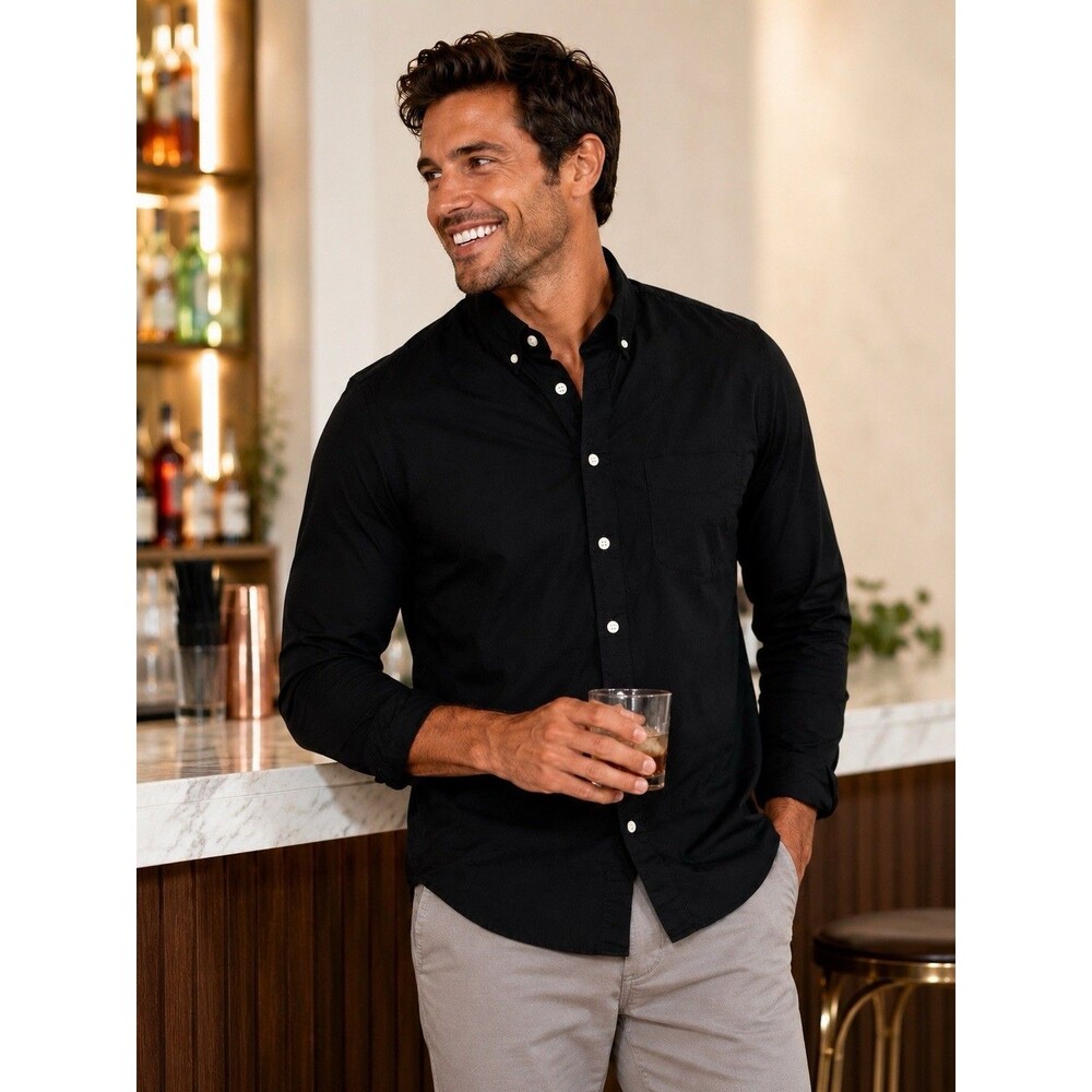 J Crew Button Black Down Shirt Mens M Black Long Sleeve Cotton Secret Wash BJ706